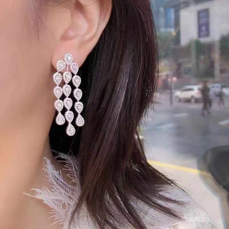 Water Drop Long Needle Zircon Bridal Tassel Earrings