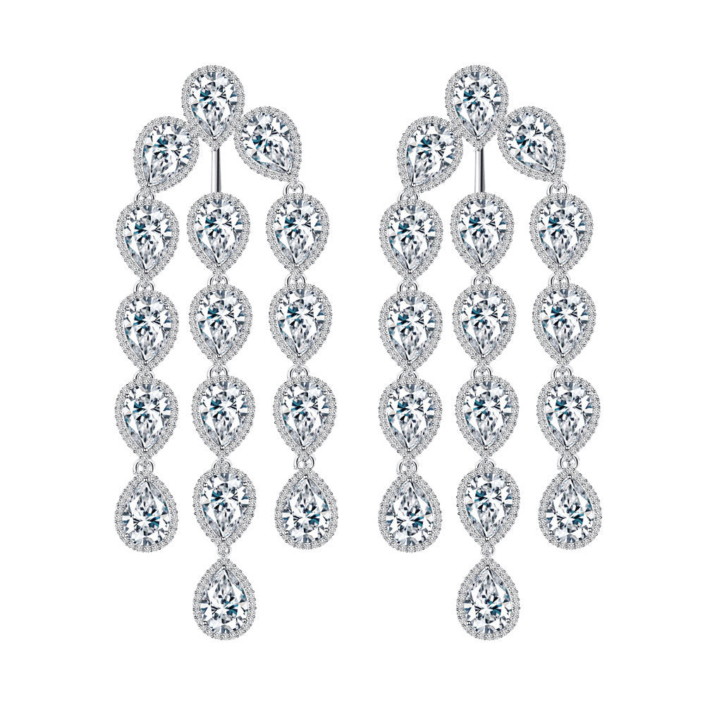 Water Drop Long Needle Zircon Bridal Tassel Earrings