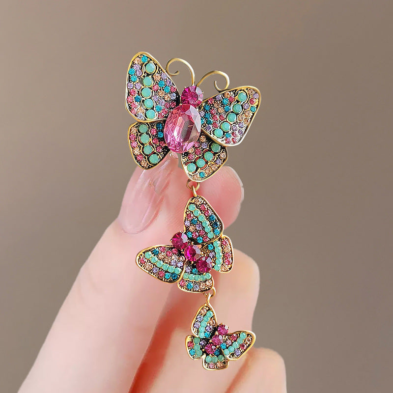 Women's Retro Diamonds Three Enamel Butterfly Brooch