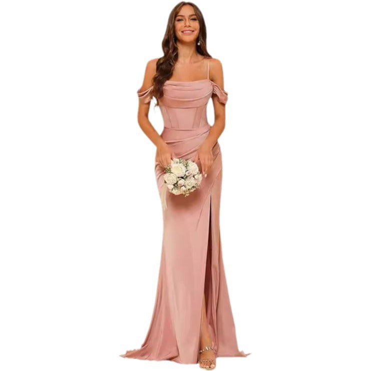 Off-the-shoulder Satin Bridesmaid Corset Ball Gown