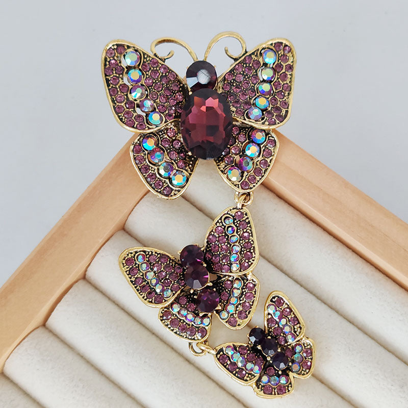 Women's Retro Diamonds Three Enamel Butterfly Brooch