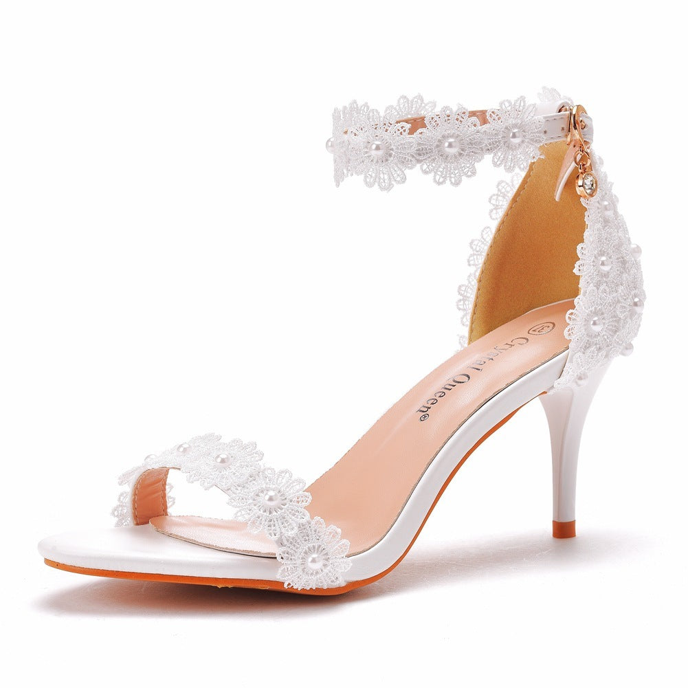 Temperament Word Strap Stiletto Sandals White Lace Wedding Shoes
