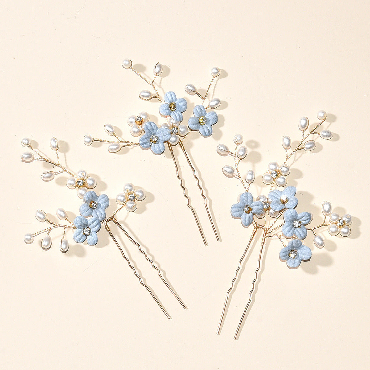 Bridal Four-leaf Flower Blue Color With Pinky White Flowers U-shaped Hair Clasp