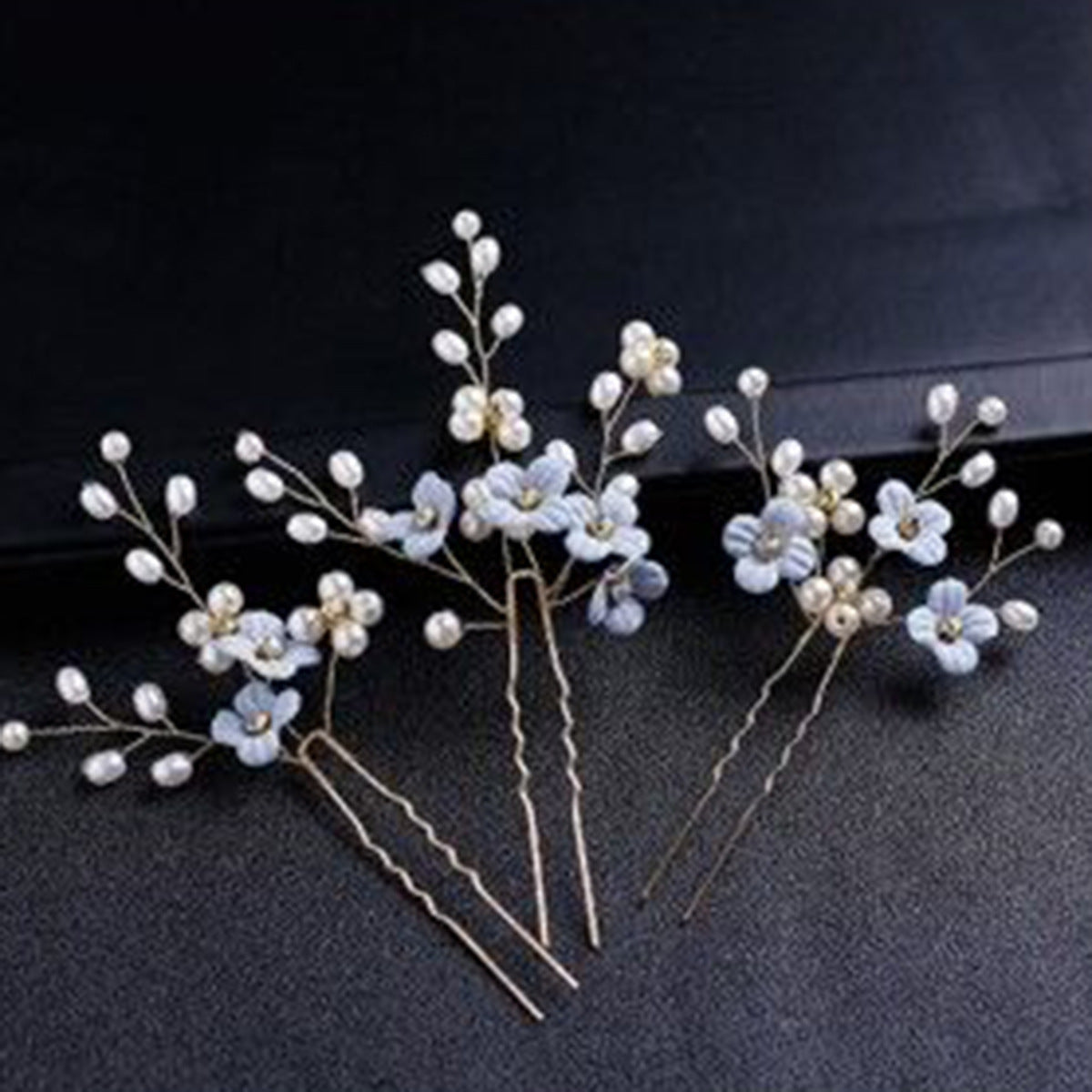 Bridal Four-leaf Flower Blue Color With Pinky White Flowers U-shaped Hair Clasp