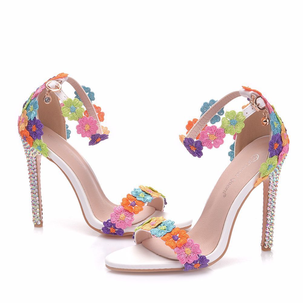 Temperament Word Strap Stiletto Sandals White Lace Wedding Shoes