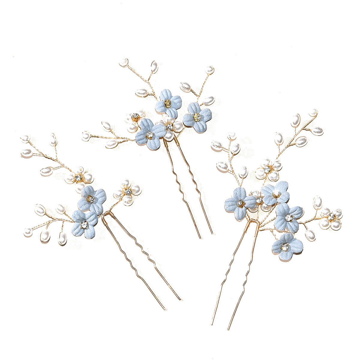 Bridal Four-leaf Flower Blue Color With Pinky White Flowers U-shaped Hair Clasp