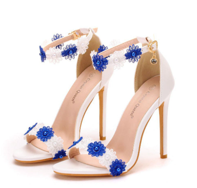 Temperament Word Strap Stiletto Sandals White Lace Wedding Shoes