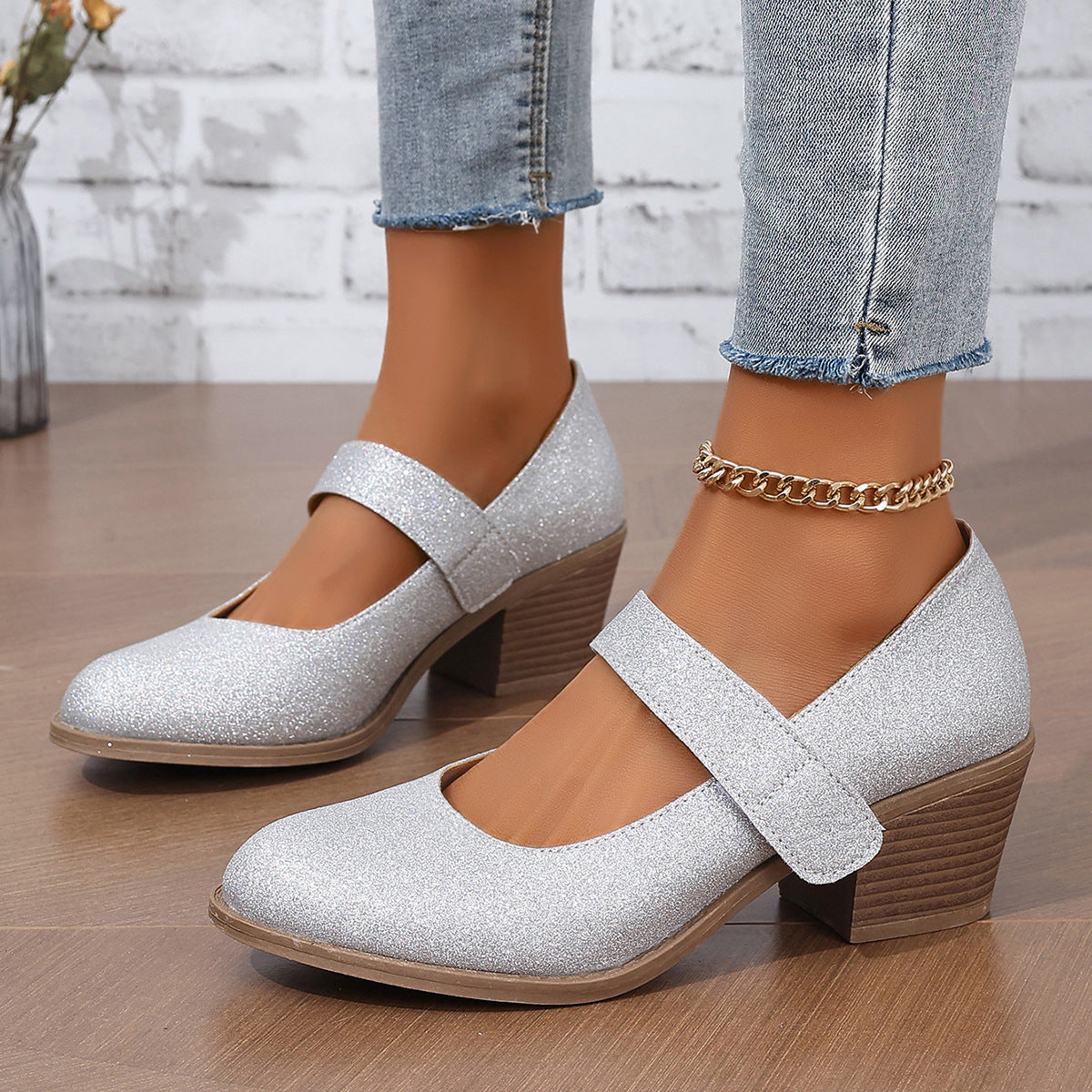 Gold Velcro Simple And Convenient Women's Pumps High Heel